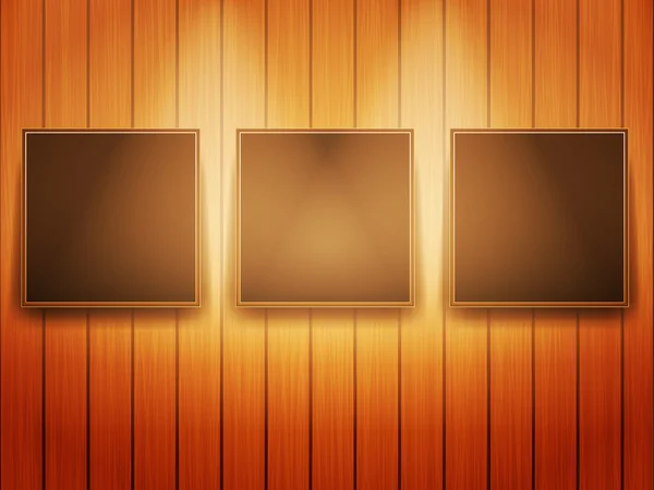 Tre cornici di immagine sulla parete di legno — Vettoriale Stock