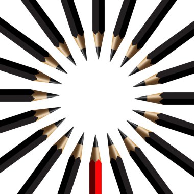 Black pencils and red pencil in arrange on white background clipart