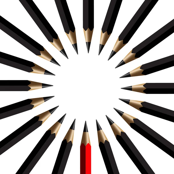 Svarta pennor och röd penna i ordna på vit bakgrund — Stock vektor