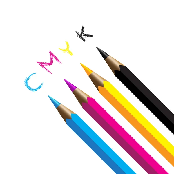 Barevné tužky cmyk čtyři proces azurová purpurová žlutá černá barva — Stockový vektor