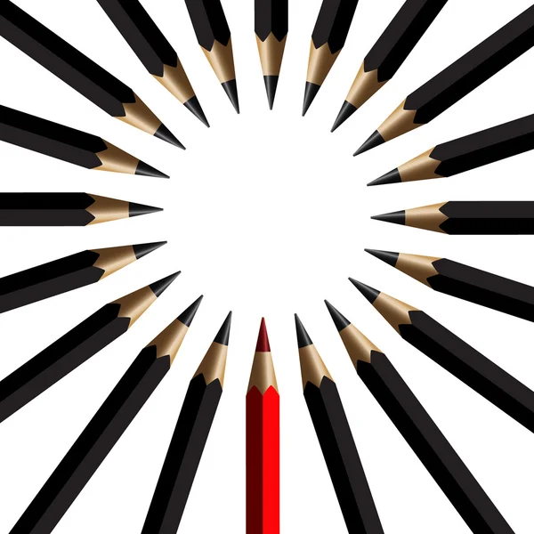 Чорні олівці та червоний олівець в розташуванні на білому тлі — стоковий вектор