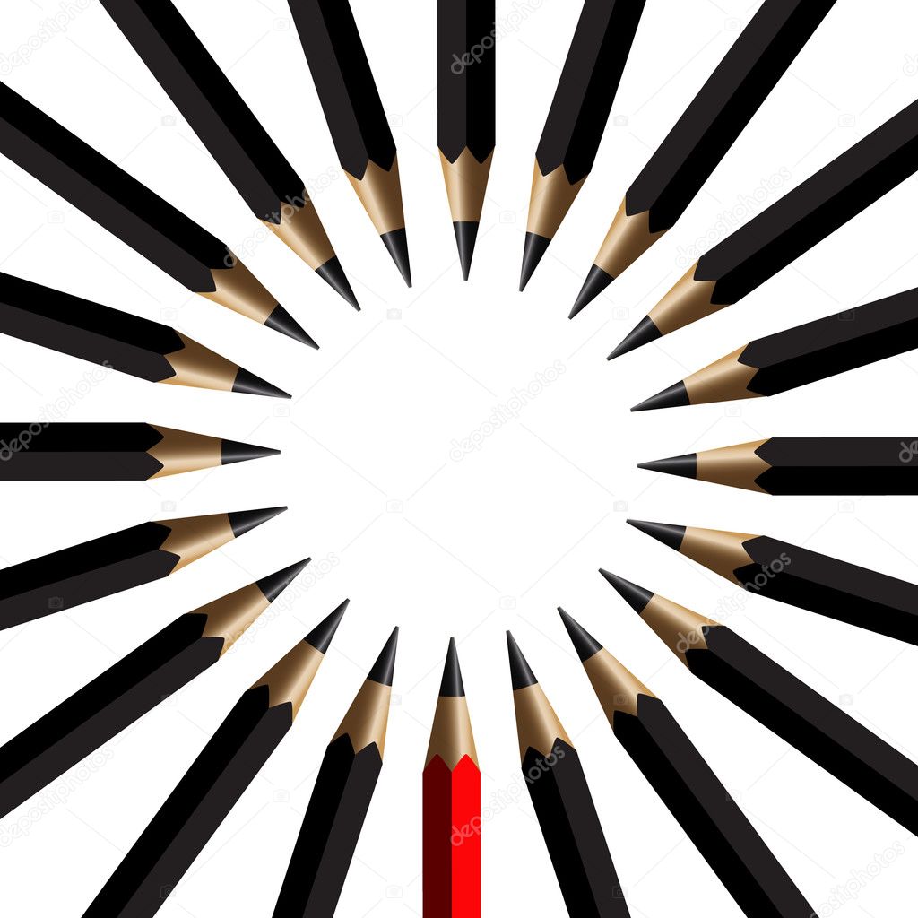Black pencils and red pencil in arrange on white background