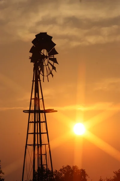 Kansas Country Windmill Sunset Silhouette Stock Photo