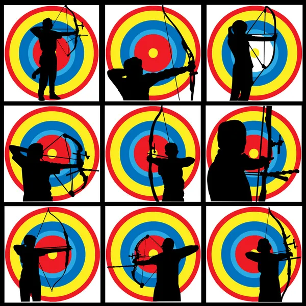 Silhouettes de tir à l'arc avec cible — Image vectorielle