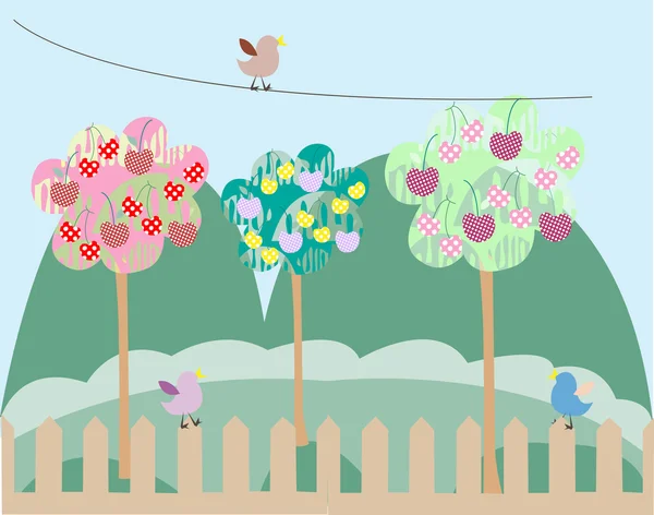 桜の木と鳥のベクトルの背景 — ストックベクタ