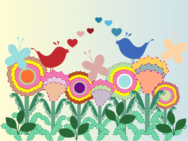 甜蜜花园与鸟 — 图库矢量图片