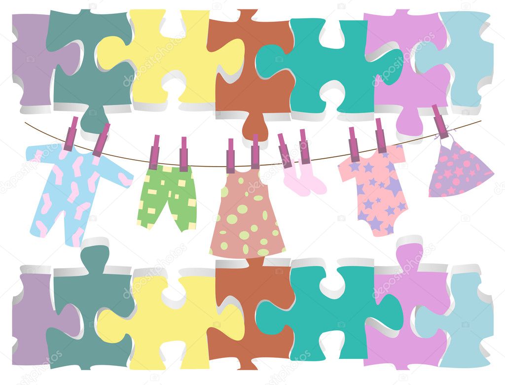 Illustration of isolated baby clothes and puzzles