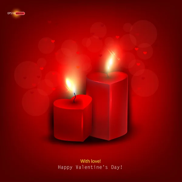 Deux bougies rouges en forme de coeur brûlant sur fond rouge foncé. Végétaux — Image vectorielle
