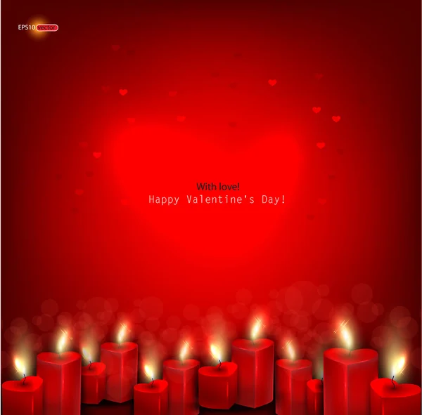 Dos velas rojas ardientes en forma de corazón sobre fondo rojo oscuro. Vec — Vector de stock