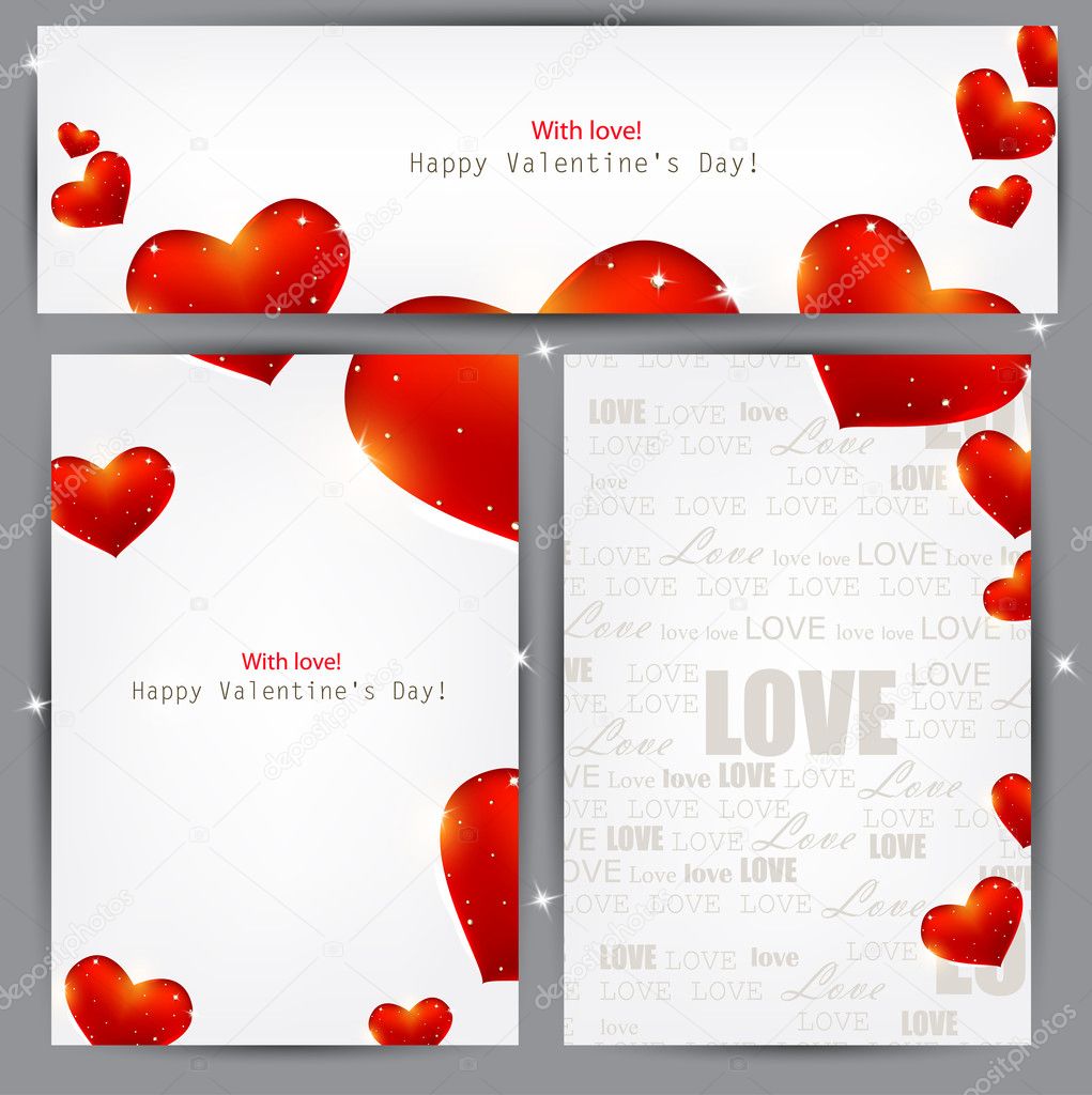 Set of three banners with red hearts. Valentine's Day. Vector ba