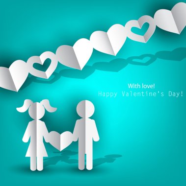 White paper Men and Woman with heart on blue background. Vector clipart