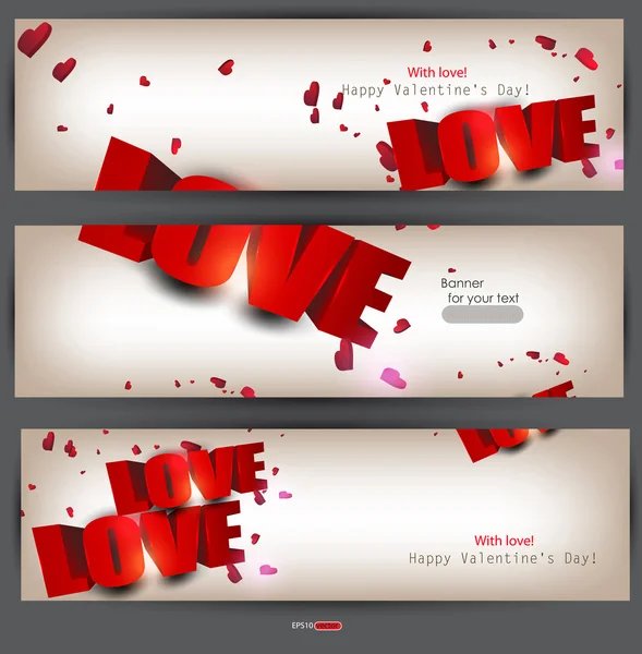 Uppsättning av tre banners med orden "kärlek" och hjärtan. Alla hjärtans d — Stock vektor