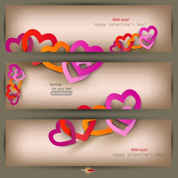Set of three banners with paper hearts. Valentine's Day. Vector — Stock Vector
