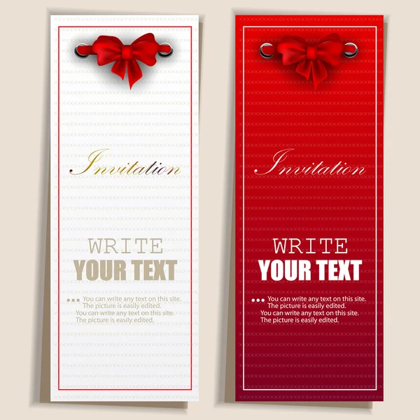 Card notes with ribbons. Red and white invitations — Stock Vector