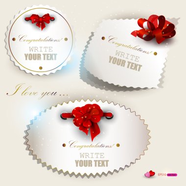 Gift cards with red ribbons. Vector set clipart