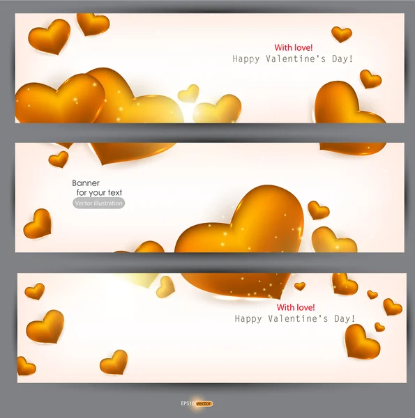 Set van drie banners met gouden hart. Aftelkalender voor Valentijnsdag. Vector — Stockvector