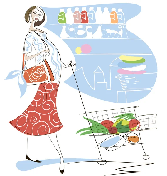 Беременная женщина в супермаркете — стоковый вектор