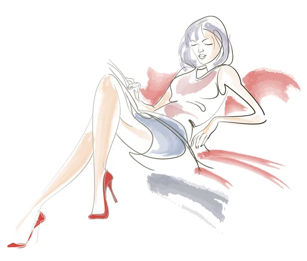 Croquis aquarelle d'une femme assise — Image vectorielle