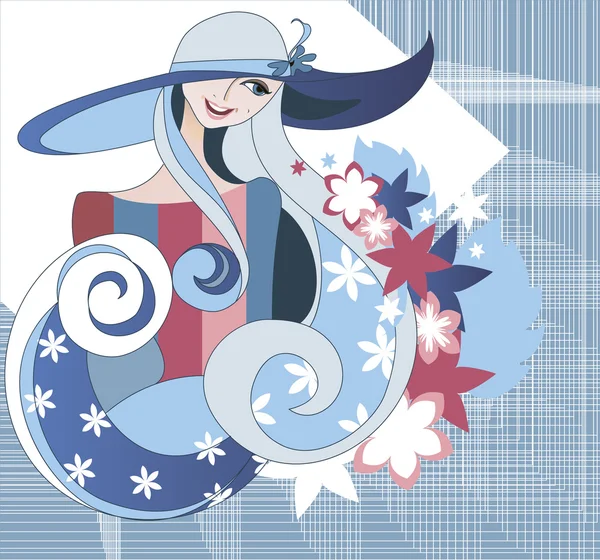 Meisje dragen van een hoed in de textiel-achtergrond — Stockvector
