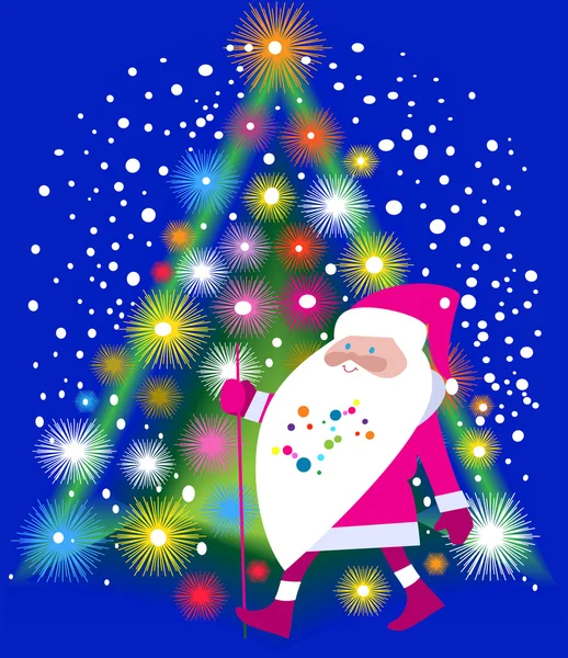 サンタ クロースとクリスマス ツリーが輝いています。 — ストックベクタ