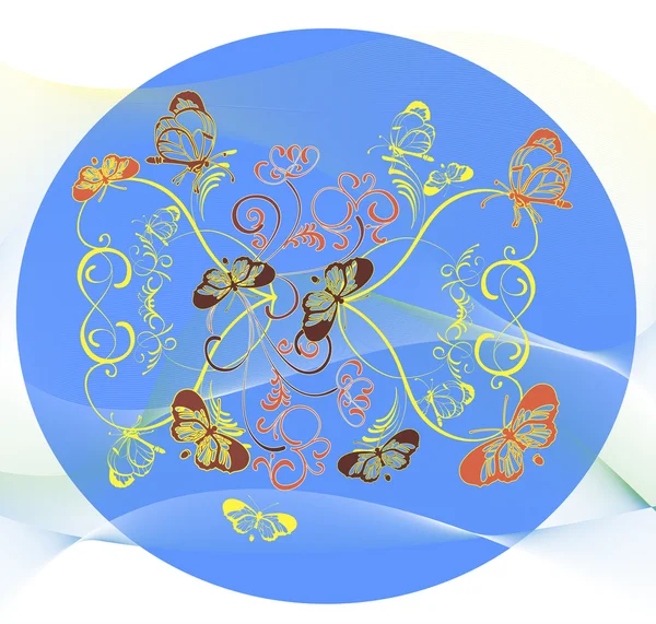 花和蝴蝶在蓝色的背景 — 图库矢量图片