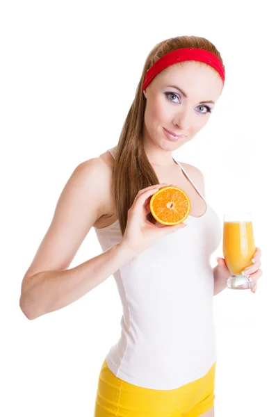 Mulher com suco de laranja e frutas — Fotografia de Stock