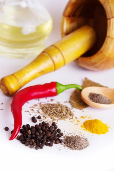 Mortar with pestle, variety of spices and oil — Stock Photo, Image