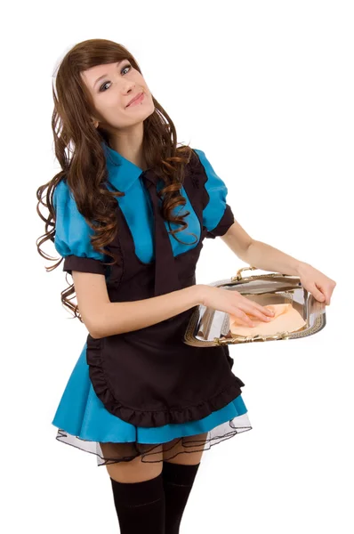 Pretty servant girl with tray — Stock Photo, Image