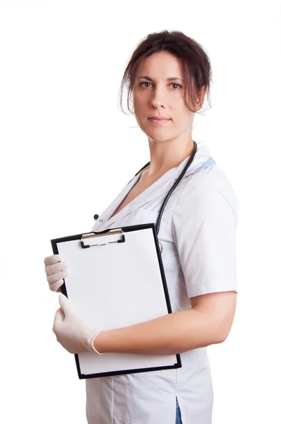 Médico mulher com estetoscópio e papéis — Fotografia de Stock