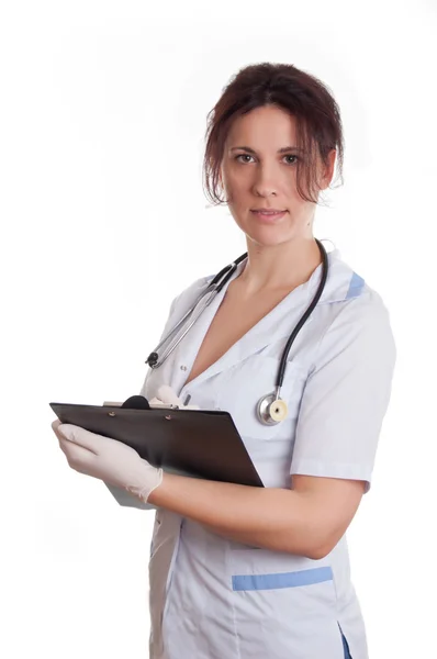 Médecin femme avec stéthoscope et papiers — Photo