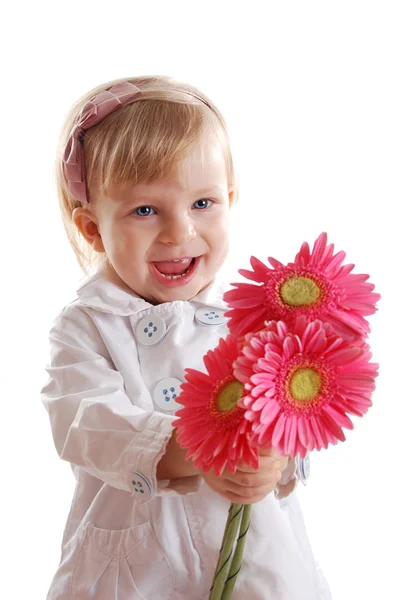 Smiling girl with gerbers — Stock Photo, Image