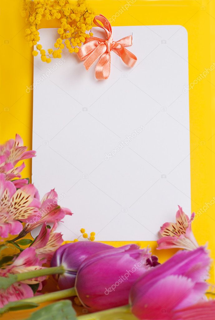 Decorative card with mimosa and tulips