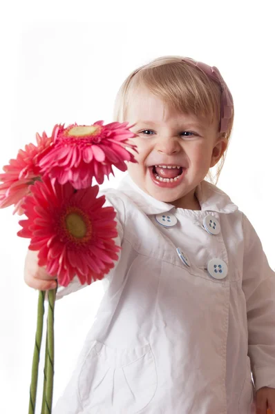 Smiling girl with gerbers — Stock Photo, Image