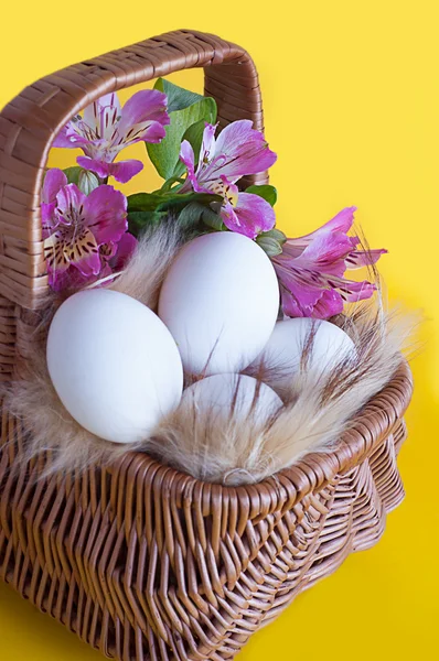 Yumurta ve bahar çiçekleri sepeti — Stok fotoğraf