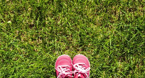 stock image Children's sneakers in the grass