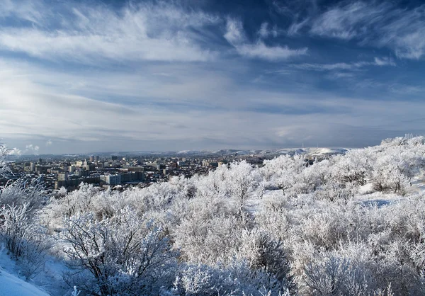 stock image View from the snow-covered mountains in the big city.