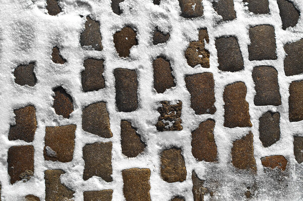 Close up shot of a cobblestone alley in winter time