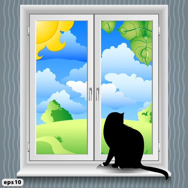 Вікно і кіт літо — стоковий вектор