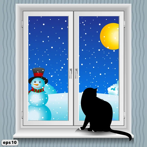 Inverno de janela e gato — Vetor de Stock