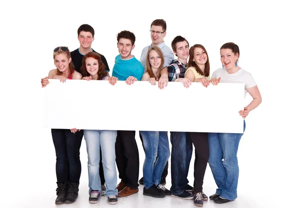 Smiling young friends blank sing Stock Picture