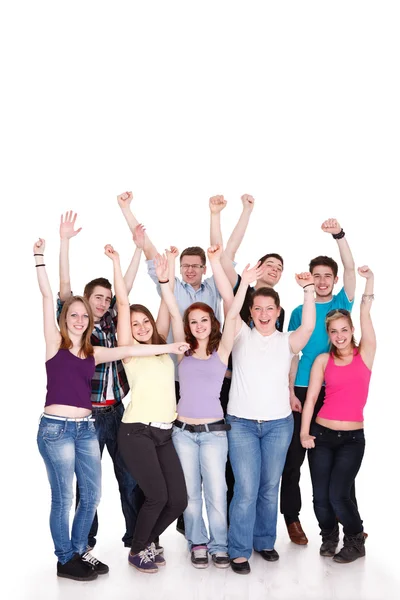 Mladí radostné dospívající stojící na bílém pozadí — Stock fotografie
