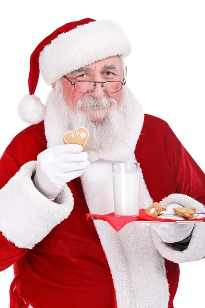 Santa Claus Girl eating cake on plate — Stock Photo, Image