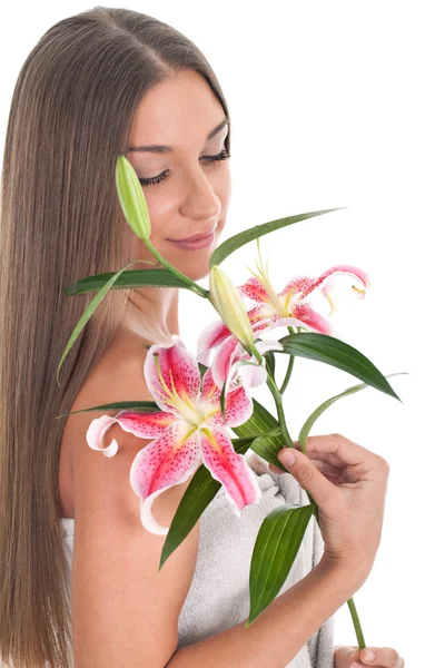 Woman with pink lily — Stock Photo, Image