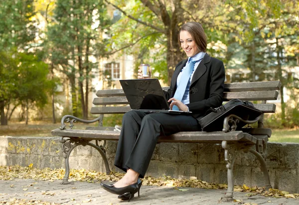 Femme d'affaires souriante avec ordinateur portable — Photo