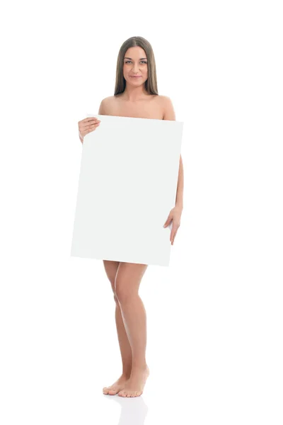 Belleza desnuda con banner en blanco — Foto de Stock