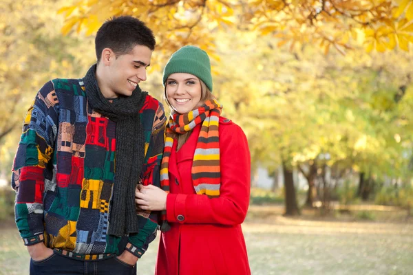 Jovem casal no parque frio outono — Fotografia de Stock