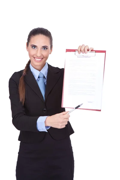 Affärskvinna knuffande kontrakt — Stockfoto
