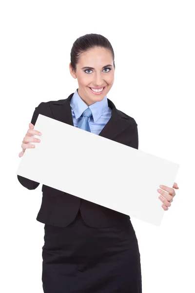 Affärskvinna som innehar en vit banderoll — Stockfoto