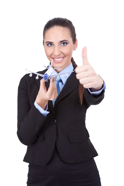 Affärskvinna håller planen och visar tummen upp — Stockfoto