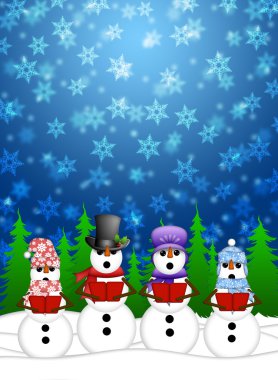 Snowman Carolers Singing with Winter Snowing Scene Illustration clipart